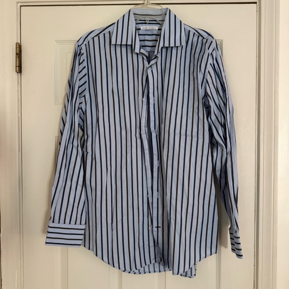 Banana Republic Men's Blue and Black Striped Shirt